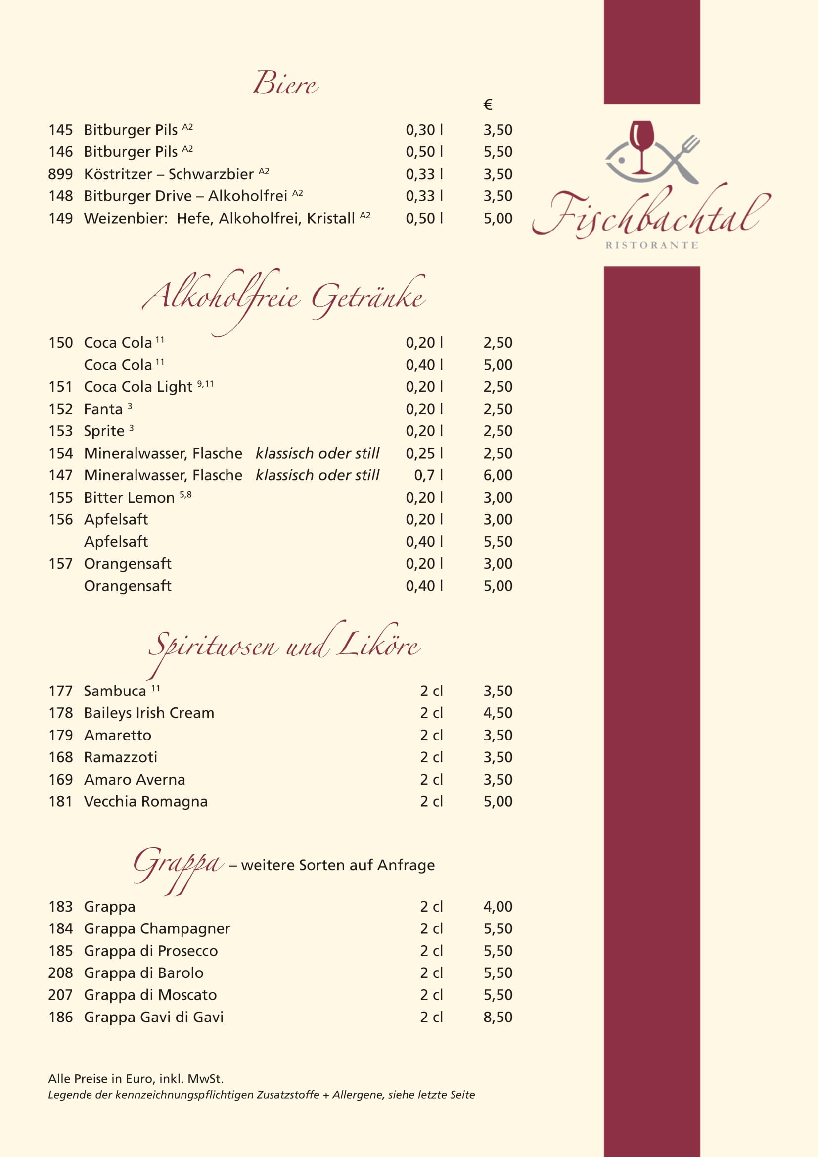 Restaurant Fischbachtal - Getränkekarte